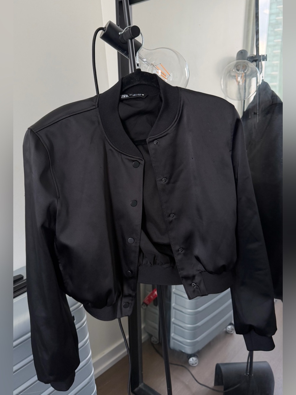 Zara Black Satin Structured Shoulder Bomber Jacket
